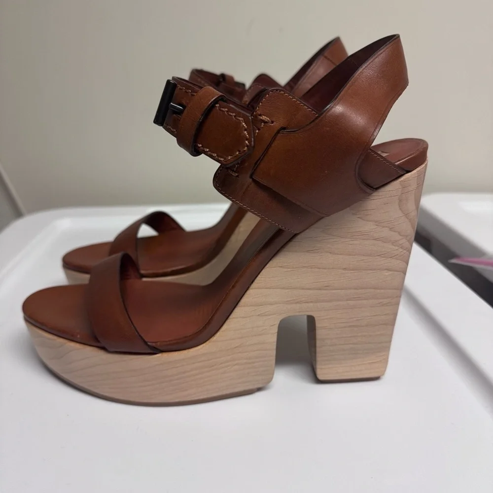 Reed Krakoff Brown Leather Buckle Wood Platform Heels Sandals Size 40.5